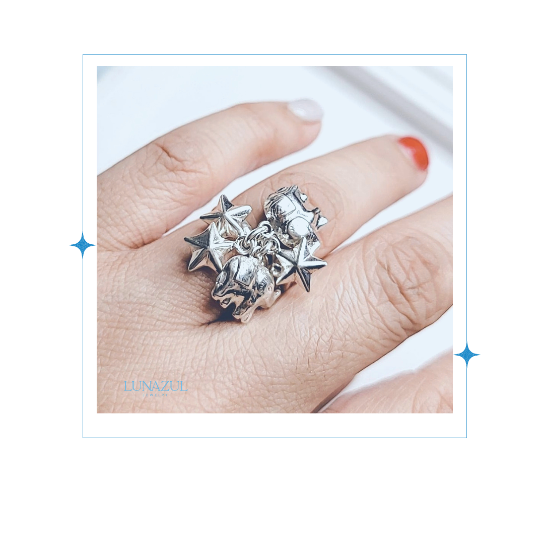 Sterling Silver Dangle Star & Elephant Ring