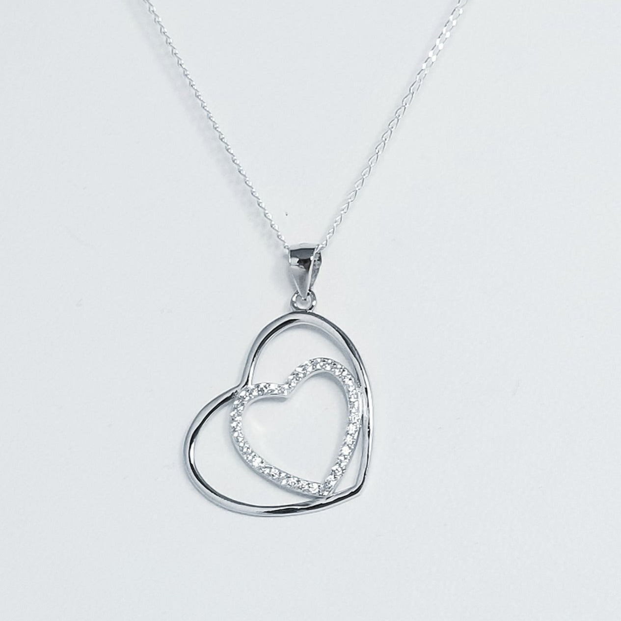 Sterling Silver Double Love Cz Necklace